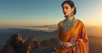 give me a image of lady to wear saree and wear turquoise jewelry all items on the mountain 1