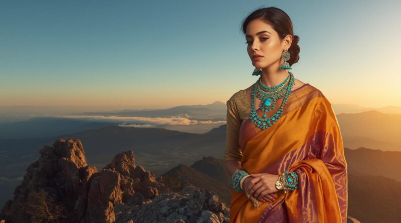give me a image of lady to wear saree and wear turquoise jewelry all items on the mountain 1